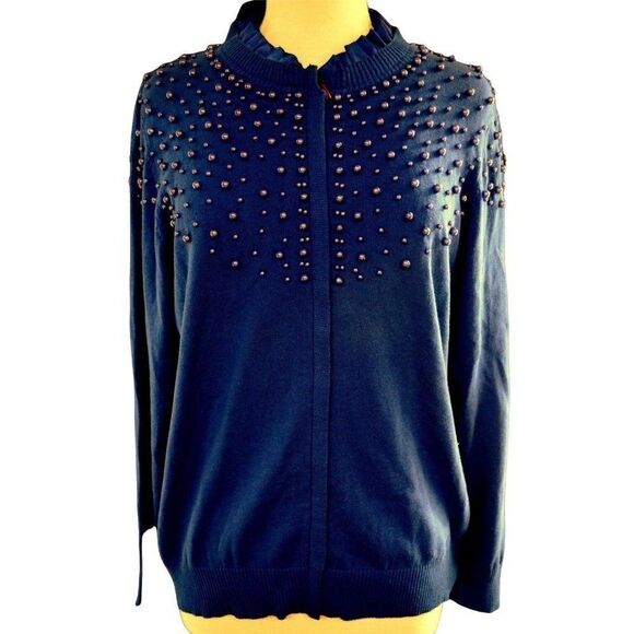 Quacker Factory Zip Front Beaded Cardigan Sweater Top Satin Trim Royal Blue M - Picture 4 of 4
